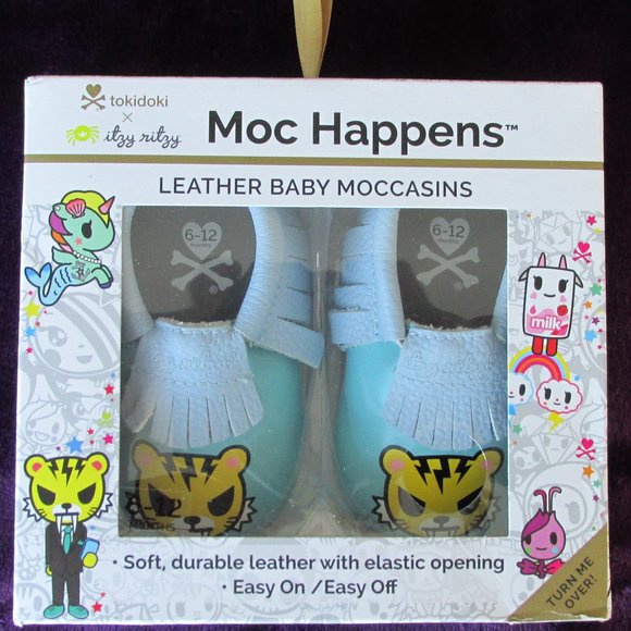 Tokidoki Itzy Ritzy Salaryman Blue Leather Baby Moccasins Size 6-12 Months - Picture 1 of 10